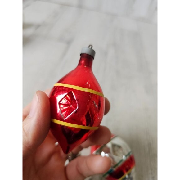 Antique diamond indent teardrop red striped green mercury glass ornament Xmas se - Picture 5 of 14